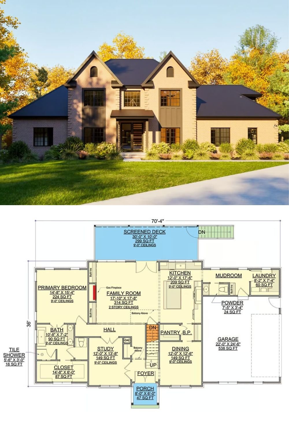 This 4-bedroom transitional home showcases a striking facade with its sleek brick exterior, varied rooflines, and a covered entry with a French front door. A 2-car side-loading garage provides convenient access through a mudroom.