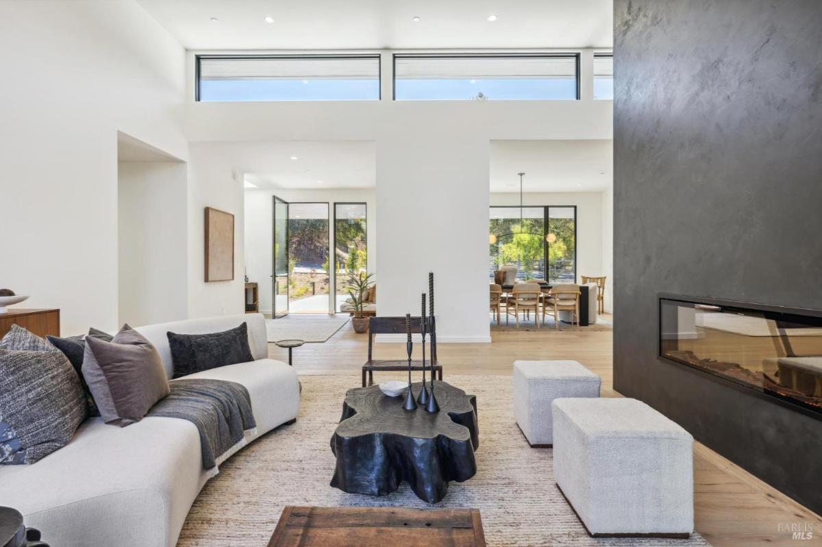 A living room with a black accent fireplace and natural light.
