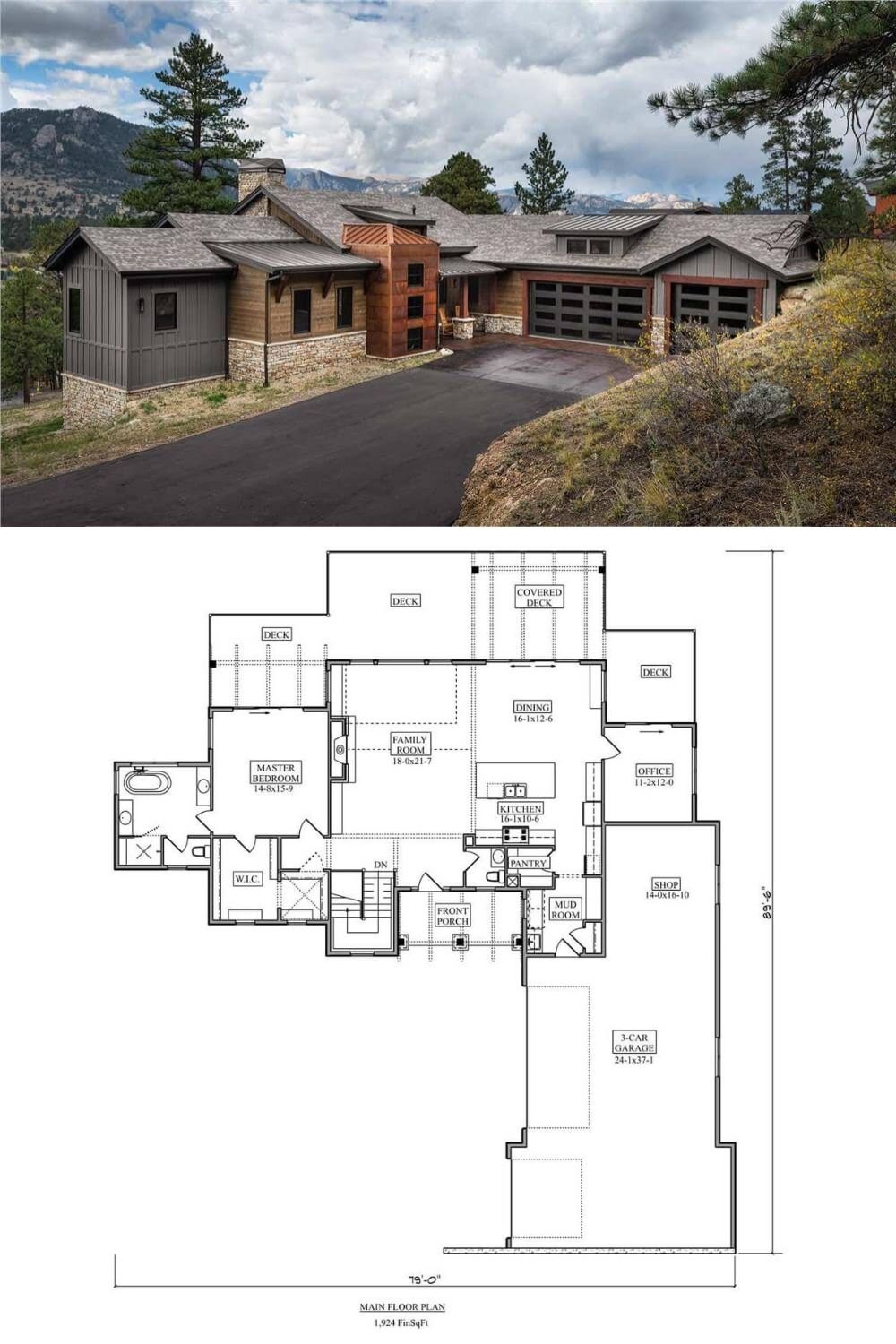 This 5-bedroom home blends rustic lodge charm with refined contemporary details showcasing a mix of wood, stone, and vertical accents. A 3-car garage anchors one side, with an additional shop area for hobbies or extra storage. The entry stands out with a vertical tower element that creates a dramatic yet welcoming approach.