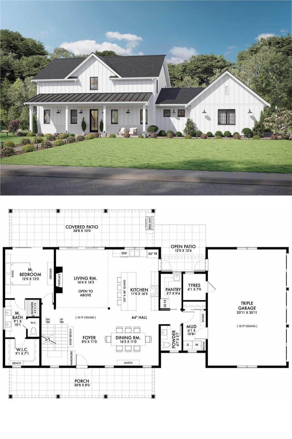 Pristine white board and batten siding, metal roof accents, and a welcoming front porch framed by stone base pillars give this 5-bedroom modern farmhouse an impeccable curb appeal. A 3-car side-loading garage provides convenient access through a mudroom.