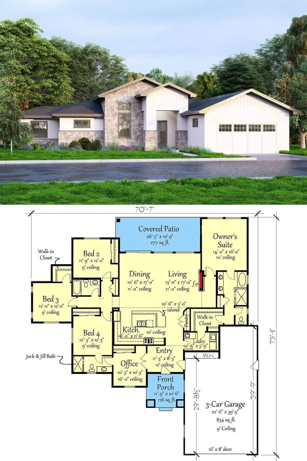 This 5-bedroom prairie-style home boasts a captivating exterior, blending timeless stone accents with charming board and batten siding for a sophisticated yet inviting appearance.