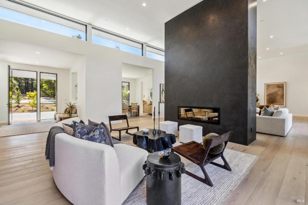 A living room with a central black fireplace and modern furniture.