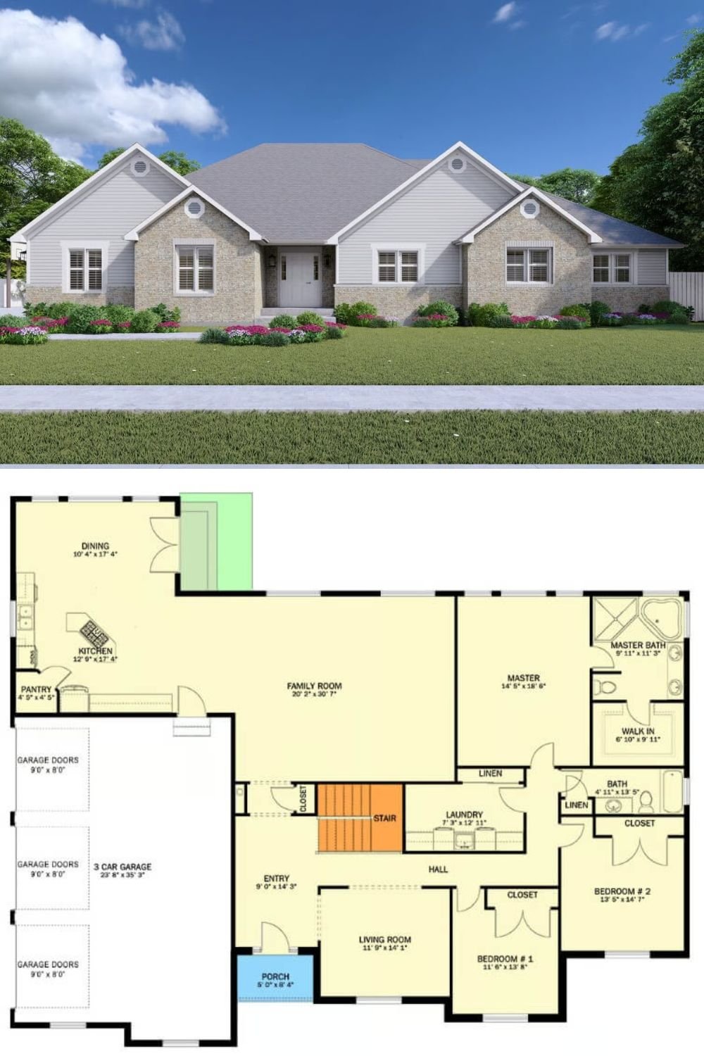 Stone and siding come together in a classic ranch-style facade that exudes warmth and stability. Gabled rooflines and a modest front porch create instant curb appeal, while a 3-car garage integrates neatly into the design. Subtle trim accents and carefully placed windows add visual interest without overpowering the home’s clean lines.