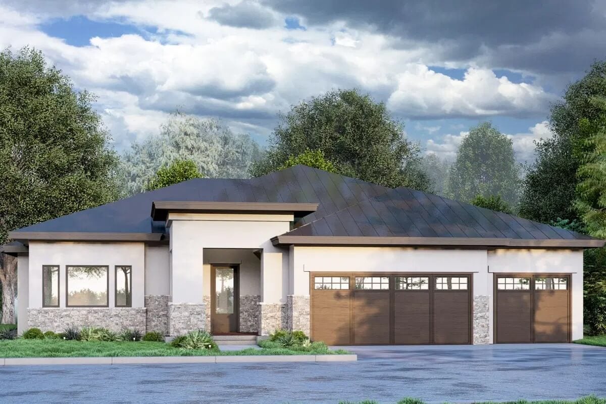 Prairie-Style 3-Bedroom Home with Covered Patio and 3-Car Garage (Floor Plan)
