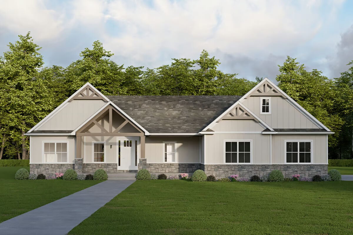 Craftsman-Style 3-Bedroom Ranch with Open Concept Design (Floor Plan)
