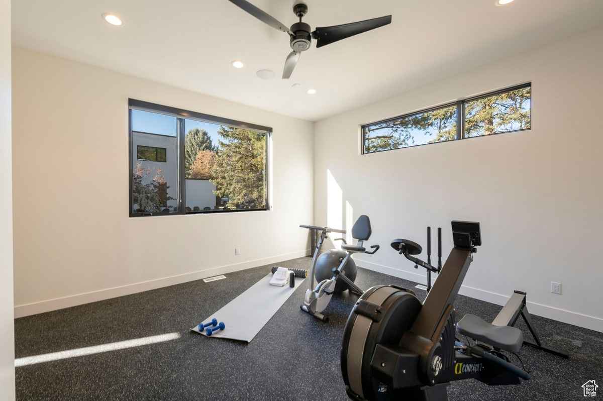 A home gym with workout equipment, natural light, and a ceiling fan.