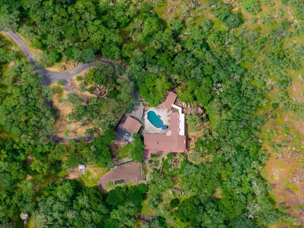 Overhead aerial view reveals a property with a pool and multiple buildings nestled within dense greenery.