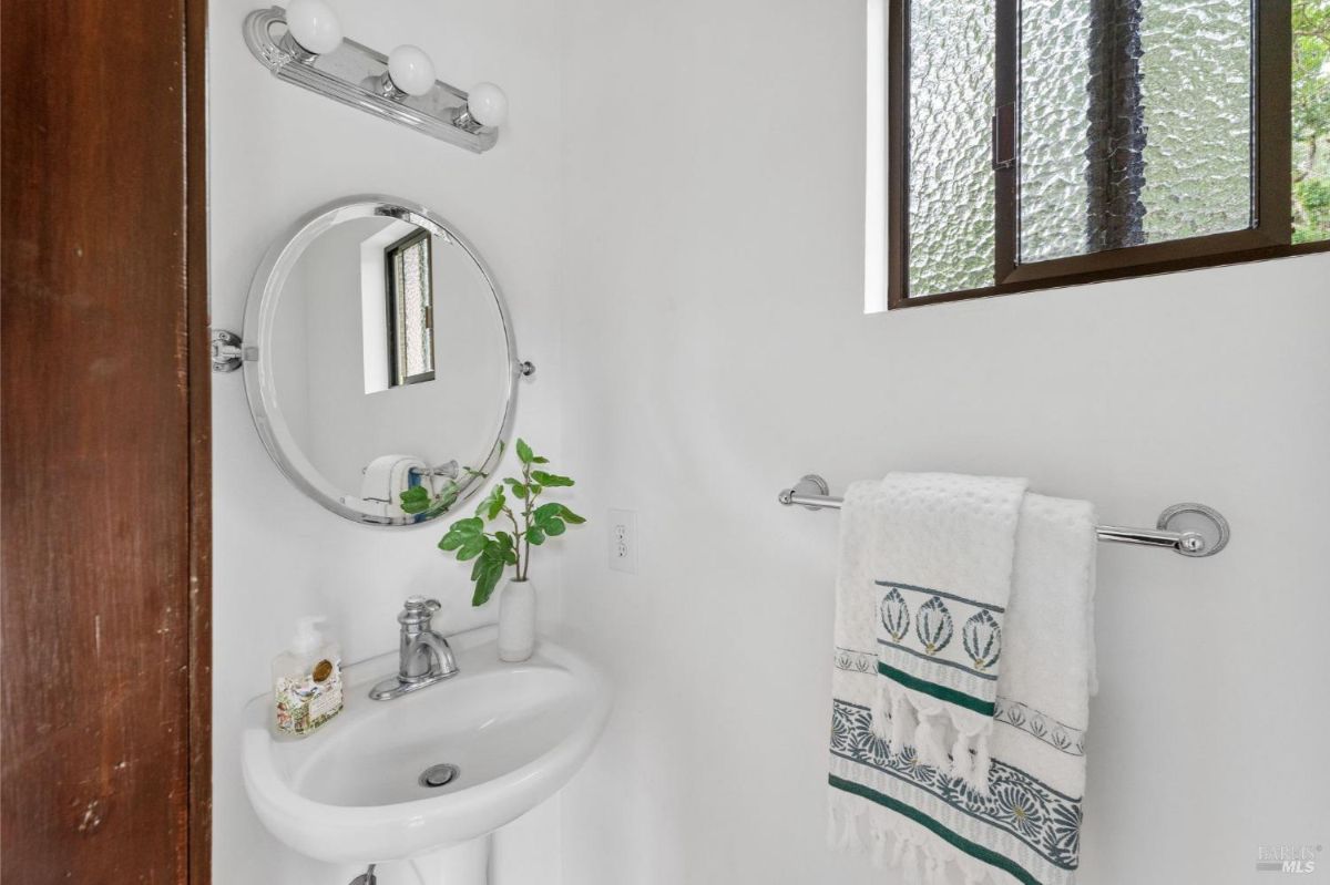 Minimalist powder room includes a round mirror, pedestal sink, and small green decor.