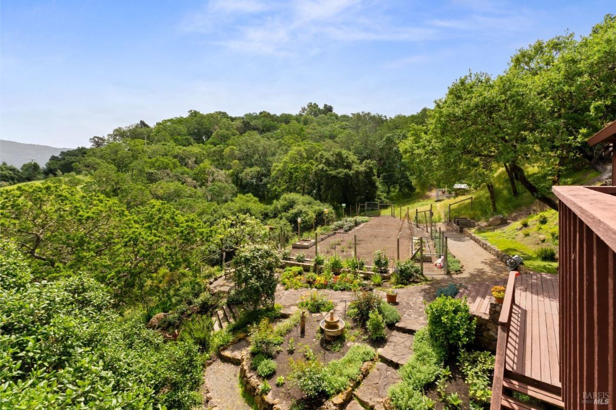 Elevated view showcases a thriving garden and fenced areas amidst a forested landscape.