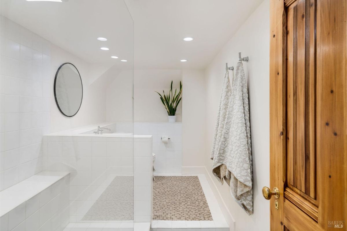 Bathroom features a spacious walk-in shower area with white tiles, a round mirror, and a potted plant.