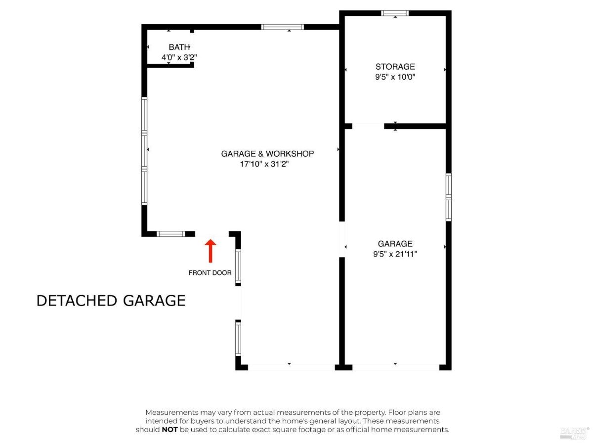 Floor plan of a detached garage with dimensions labeled for different sections including a garage, workshop, and storage.