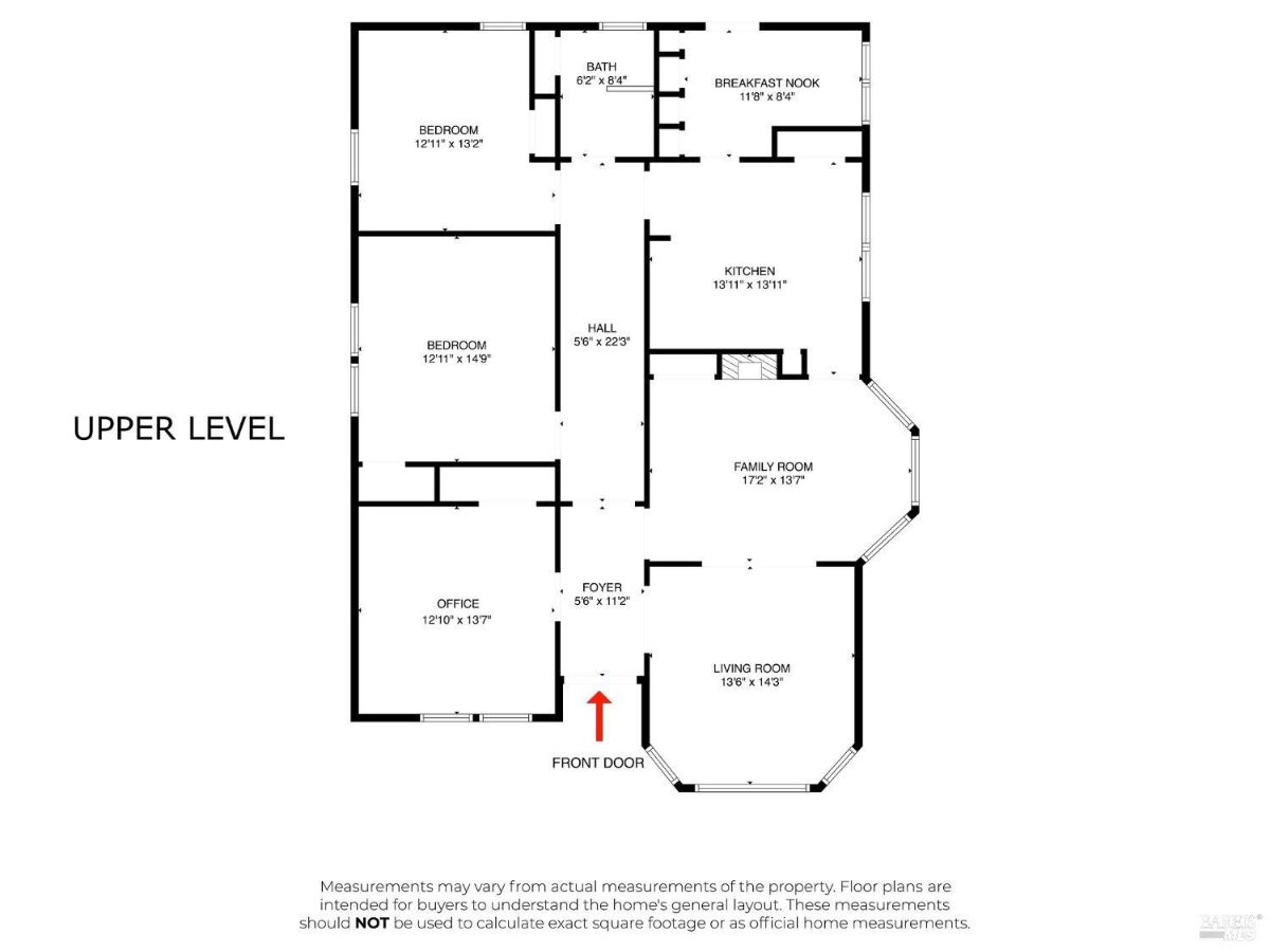 Floor plan of an upper level with labeled dimensions for rooms including bedrooms, an office, a family room, and a kitchen.