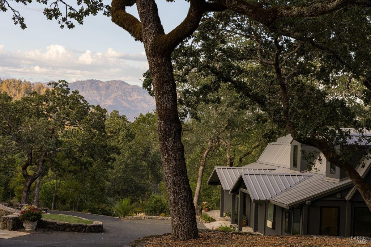 A picturesque view of a house with a metal roof, framed by large oak trees and distant mountain ranges. The scenic backdrop highlights the tranquility of the location.