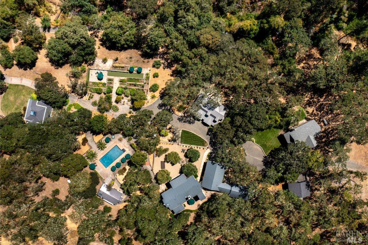 Top-down aerial view of the estate revealing multiple structures, including the main building, a swimming pool, garden areas, and pathways, all embedded within a natural forested landscape.