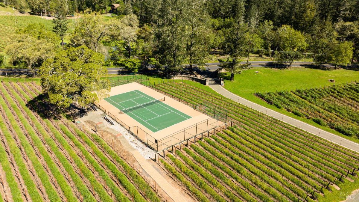 A wider landscape perspective showing the tennis court nestled within vast vineyards and situated along a peaceful road, with a serene lake in the background.