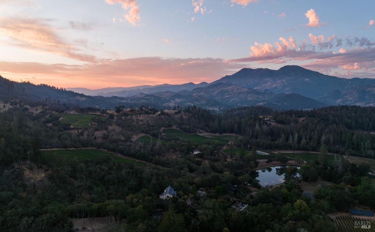 A breathtaking sunset paints the sky with hues of pink and orange, casting a warm glow over a picturesque vineyard nestled amidst rolling hills and majestic mountains.