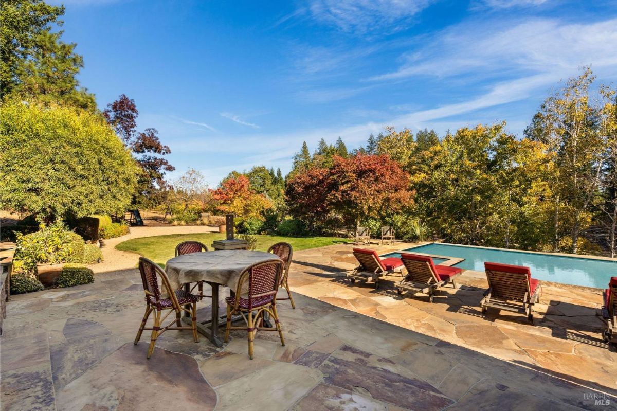 Elevated view of a large house with a backyard featuring a pool, patio, and outdoor dining areas.