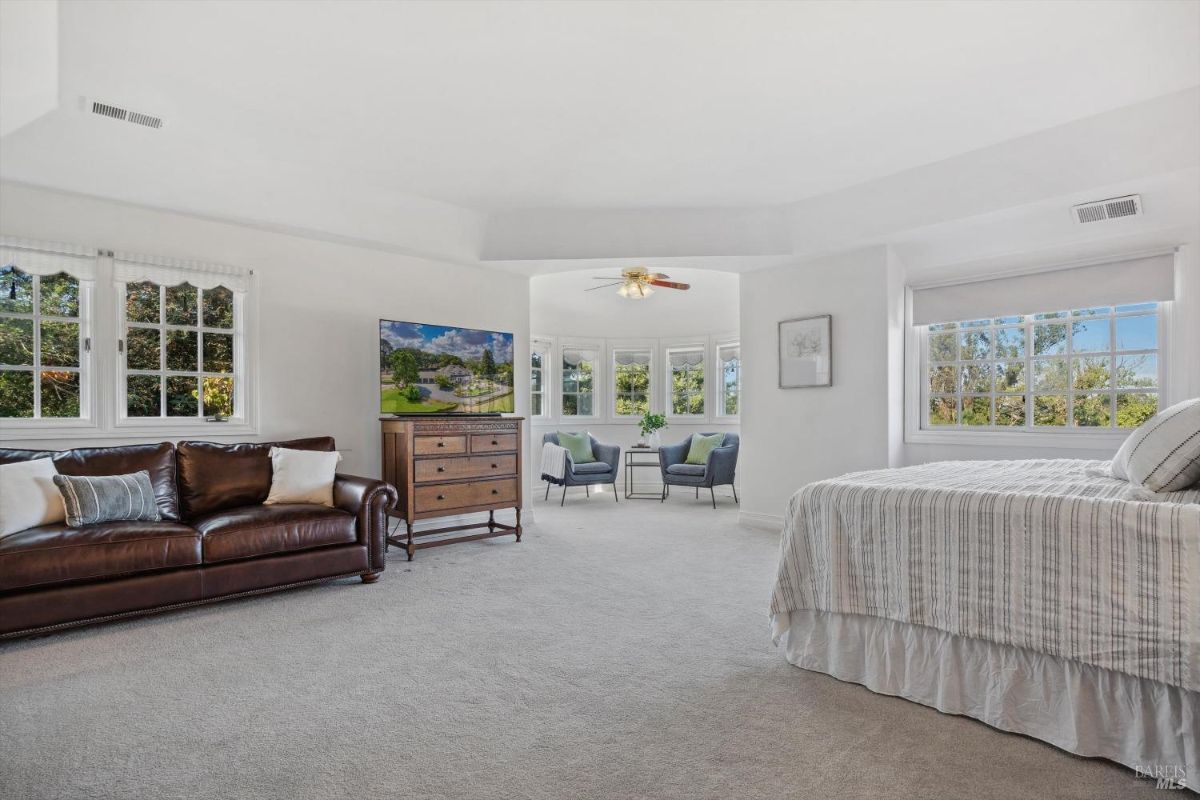 Large bed, a leather couch, a TV, two armchairs, and multiple windows.