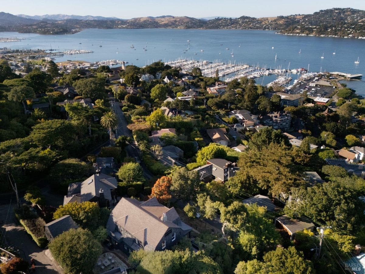 Aerial view of a residential area with houses, trees, and a bay or harbor with boats in the background.