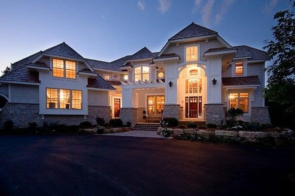 Grand Entrance with Illuminated Windows at Dusk