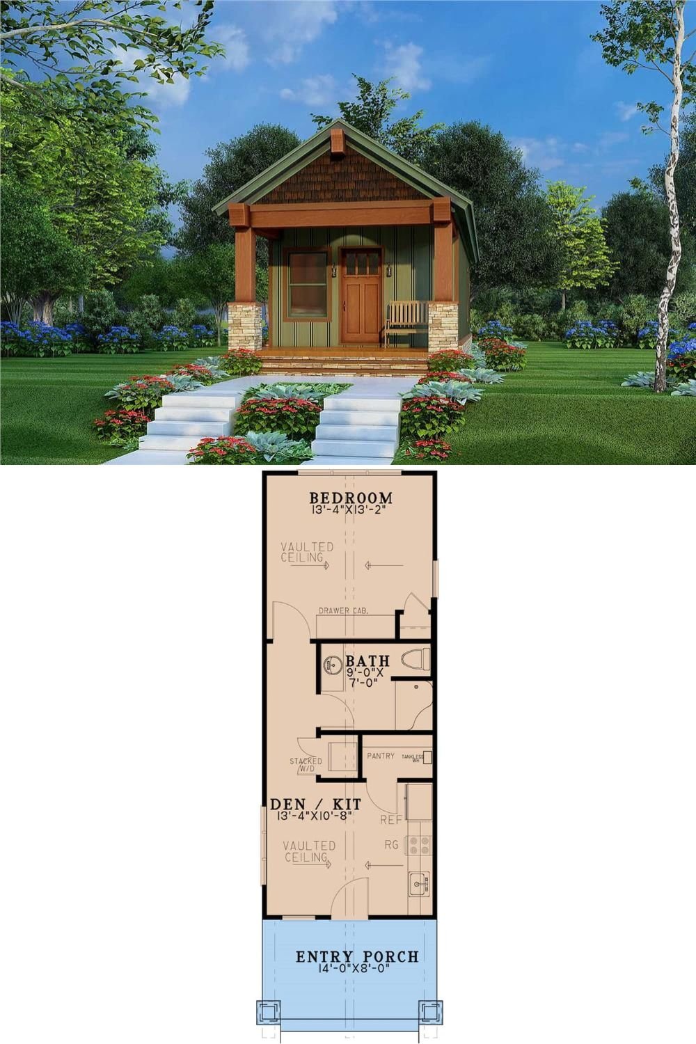 This charming cottage-style home features an inviting exterior with a blend of wood siding, stone accents, and decorative trims. A covered front porch with stone base columns provides a welcoming entrance, while a gabled roof and exposed beams enhance the rustic appeal.