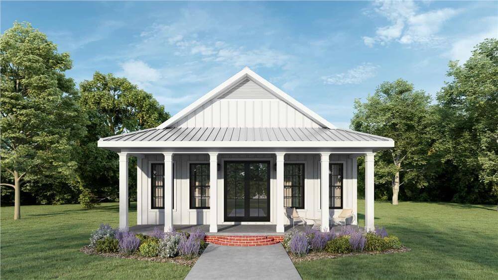 2-Bedroom Ranch for a Narrow Lot with Covered Front Porch (Floor Plan)