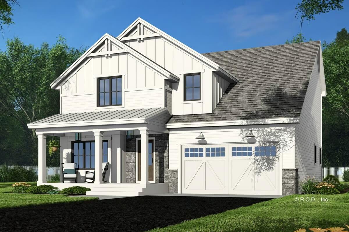 4-Bedroom Country Farmhouse with Open Living Space and 2-Car Garage (Floor Plan)
