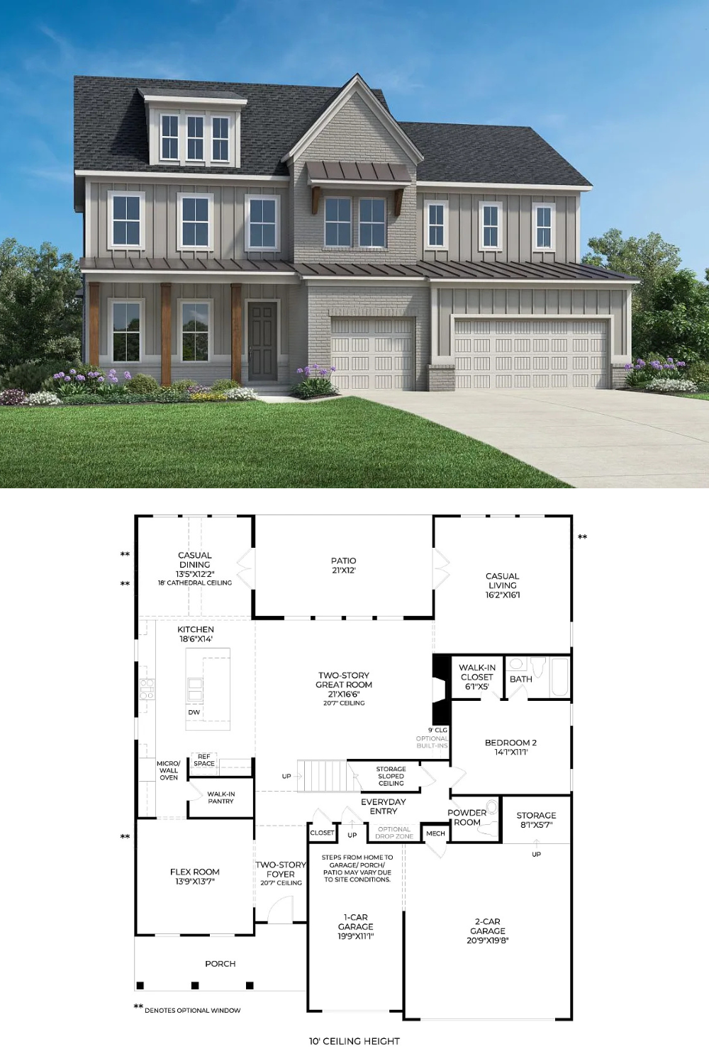 Farmhouse-Style 5-Bedroom Home with Two-Story Great Room and Covered Front Porch