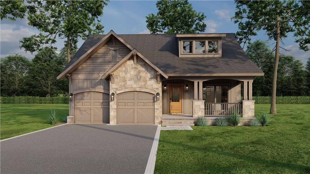Cabin-Style 3-Bedroom Vacation Home with 2-Car Garage and Front Porch (Floor Plan)