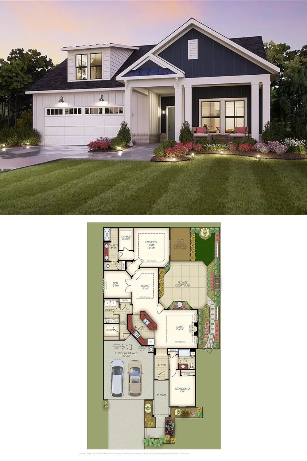 Farmhouse-Style 3-Bedroom Home for a Corner Lot with Front Porch (2,590 Sq. Ft. Floor Plan)