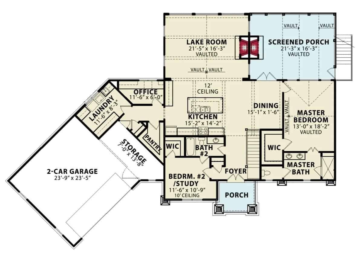 Explore This Floor Plan with a Vaulted Lake Room