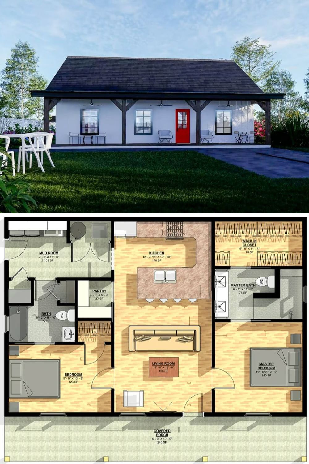 This 2-bedroom country home features crisp board and batten siding accented by dark wood beams and trims, giving it a rustic yet modern look. The gable roof adds to the home's traditional appeal, while the expansive covered front porch offers a cozy and inviting space to relax.