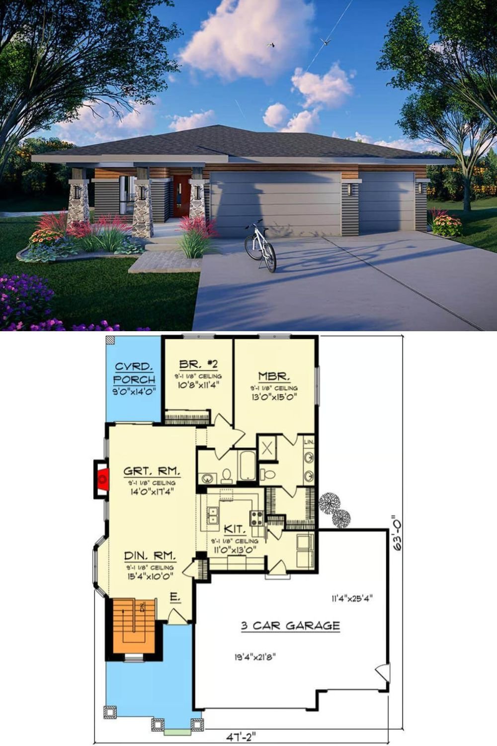 This 2-bedroom home showcases a sleek and contemporary exterior design, featuring a low-pitched roof and clean lines that define its prairie-style aesthetic. The facade is characterized by horizontal lap siding and wood accents, complemented by stone columns that add warmth and texture. Large windows allow ample natural light to flow into the interior, while the covered entryway creates a welcoming atmosphere. The garage offers ample space and maintains the home’s modern, streamlined appearance.