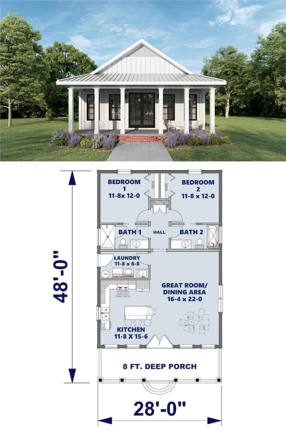 This charming ranch draws inspiration from classic farmhouse style, featuring a clean board and batten exterior, a simple gable roofline, and an inviting front porch supported by graceful columns. Large windows on either side of the central entry let in abundant natural light while providing a balanced, symmetrical look.