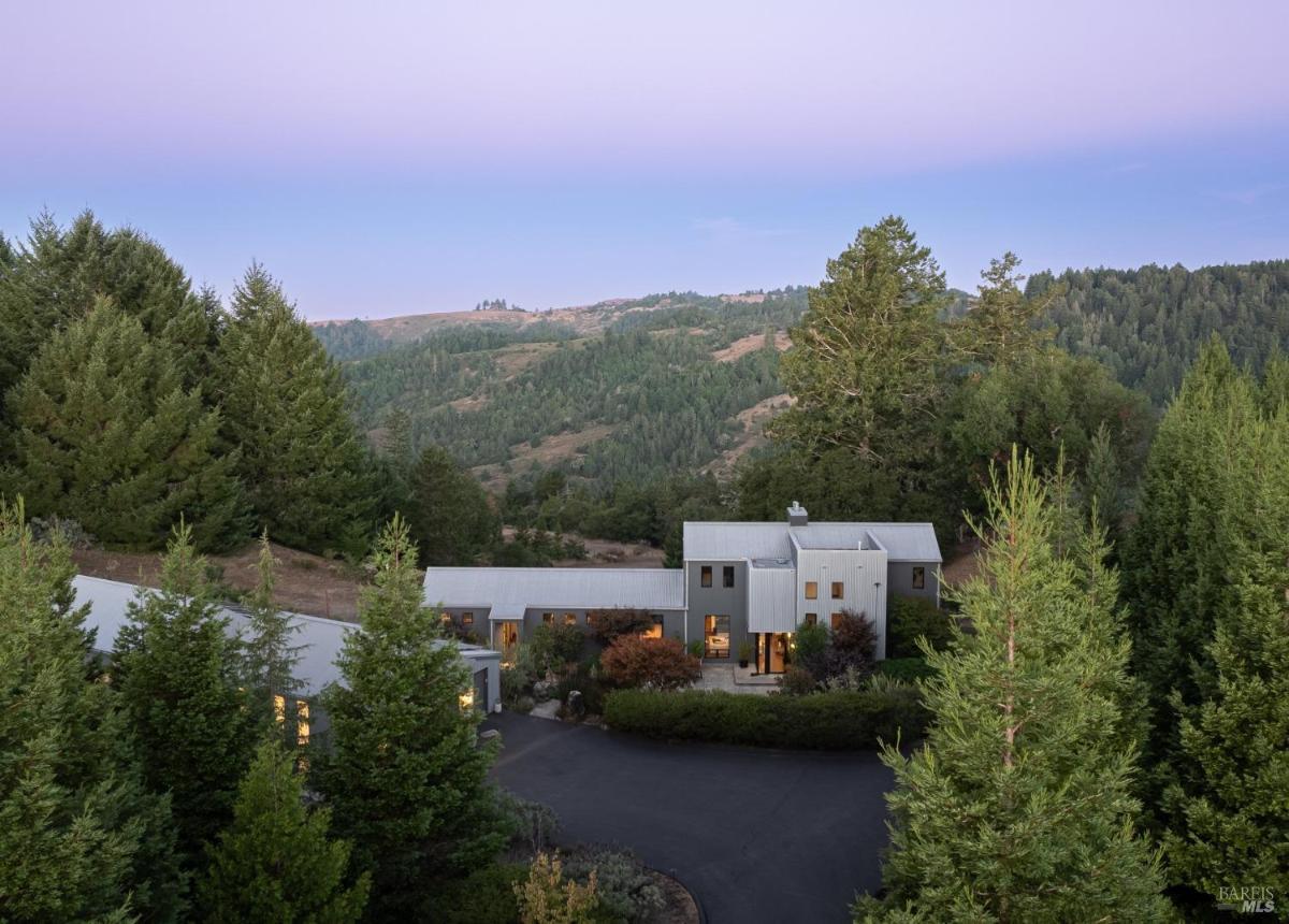 Aerial view of a modern home surrounded by trees and hills.