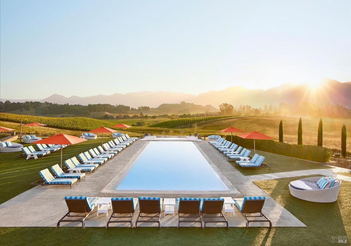 Outdoor pool with lounge chairs, umbrellas, and a vineyard in the background.