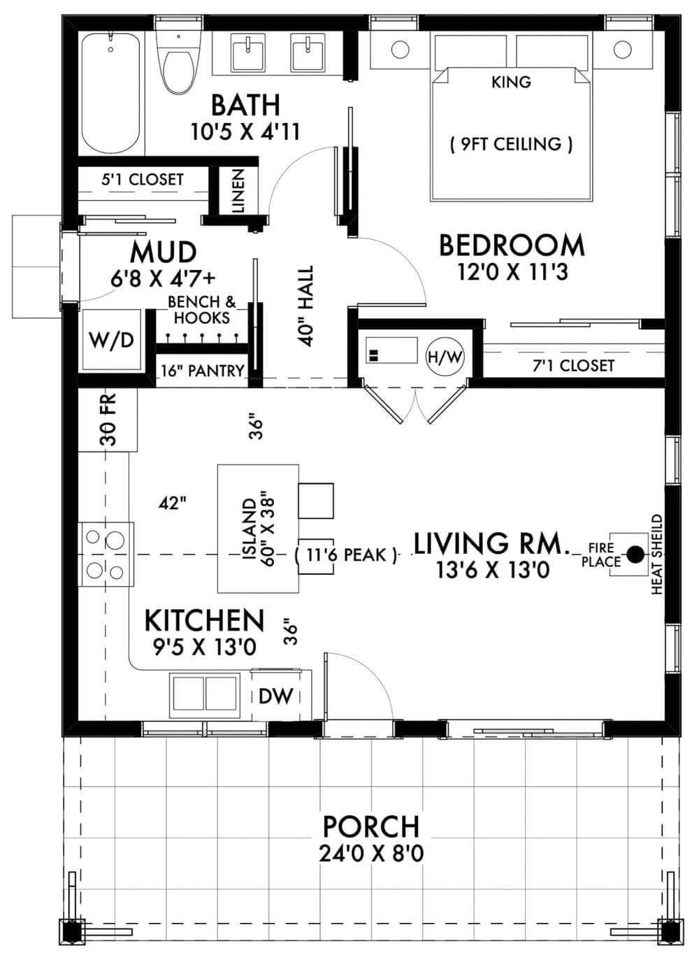 Efficient Layout with a Spacious Kitchen Island and Inviting Porch