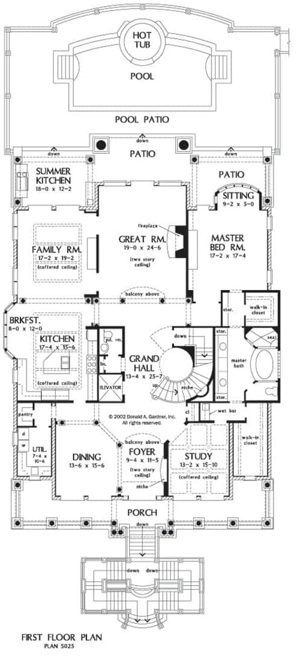 This First Floor Plan Highlights a Grand Hall and Poolside Retreat