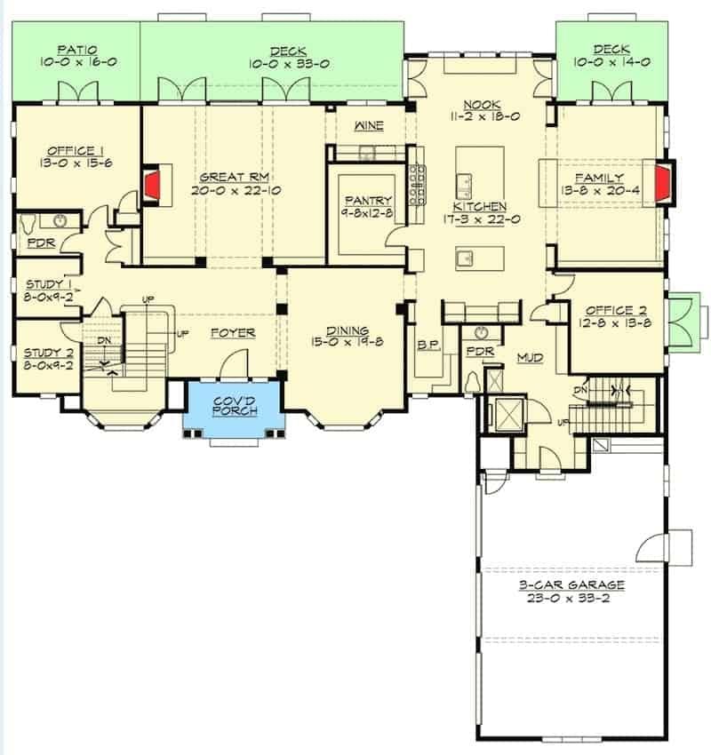 Explore the Spacious Main Floor with Dual Offices and Expansive Decks