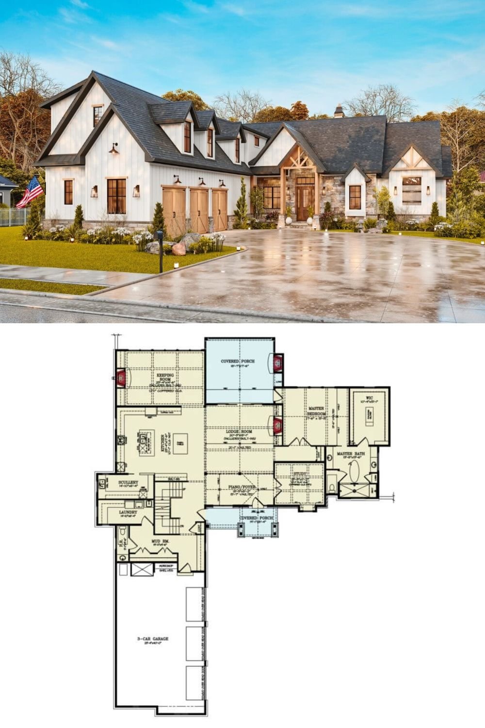 This cottage-style home features a combination of white siding, stone accents, and wood details. Dormer windows provide natural light for the upper level. The entryway includes timber framing and glass accents.