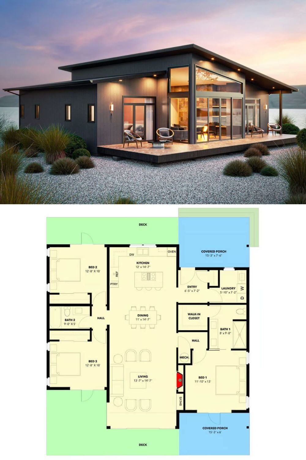 This 3-bedroom contemporary home features a sleek and modern exterior, with clean lines and expansive windows that invite natural light while offering stunning views of the surroundings. The combination of dark-toned siding and simple geometric shapes creates a sophisticated and minimalist aesthetic. The wraparound deck and covered porches provide ample outdoor living space, making it an ideal retreat for relaxation or entertaining.