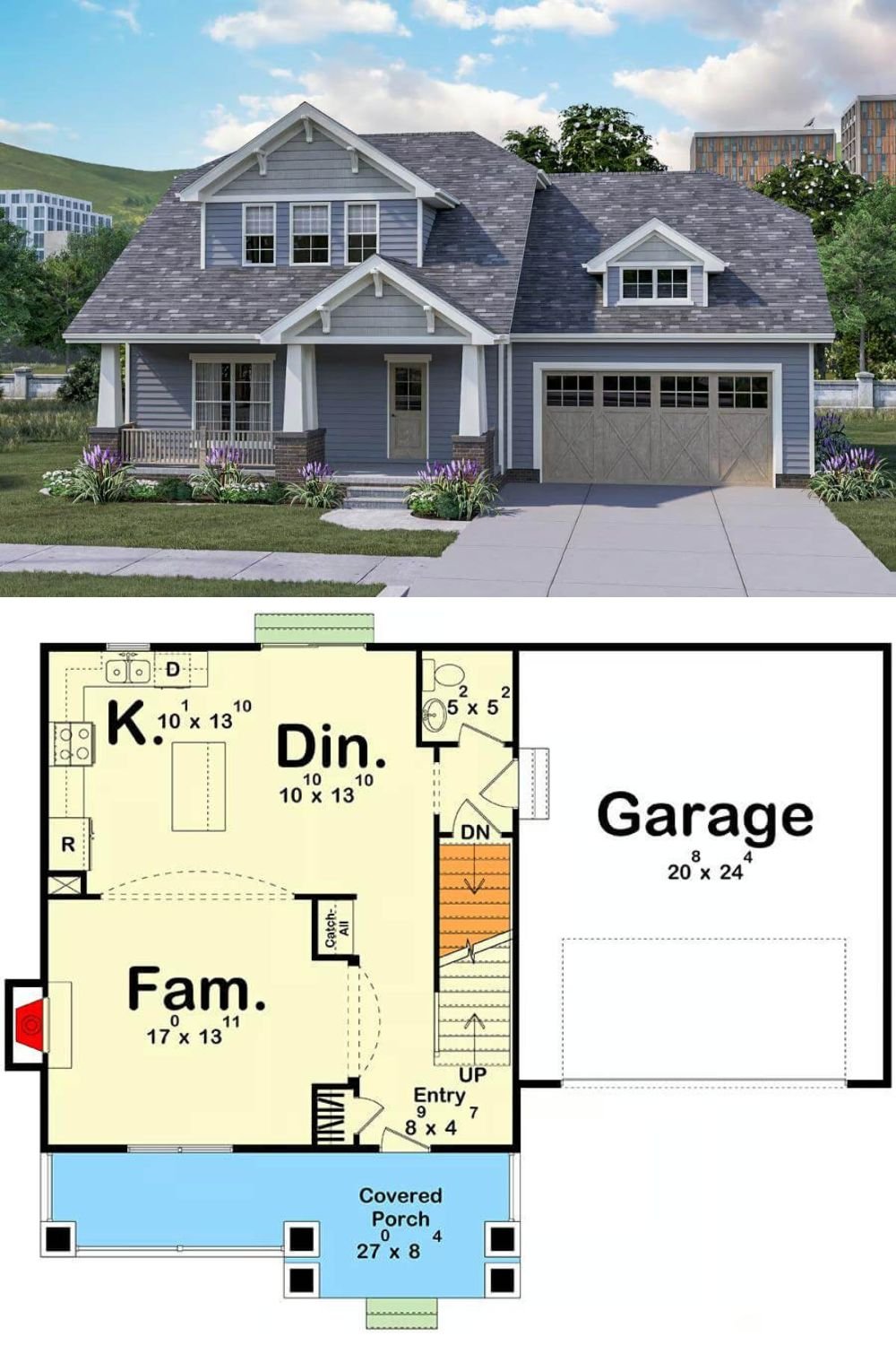 This 3-bedroom cottage is highlighted by horizontal lap siding, paired with decorative gable brackets and a steeply pitched roofline. A covered front porch spans the façade, supported by tapered square columns set on brick pedestals. Large, symmetrical windows bring in natural light, while the attached two-car garage features stylish carriage-style doors for added appeal.