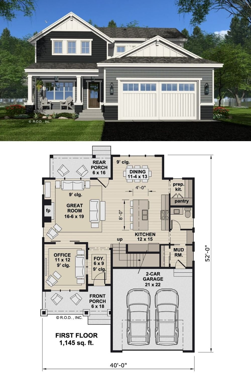 This 3-bedroom modern farmhouse showcases a combination of dark horizontal siding and crisp white vertical board-and-batten accents, offering a striking contrast. Gabled rooflines add architectural interest, while the covered front porch, supported by stately columns, enhances the home's welcoming charm.