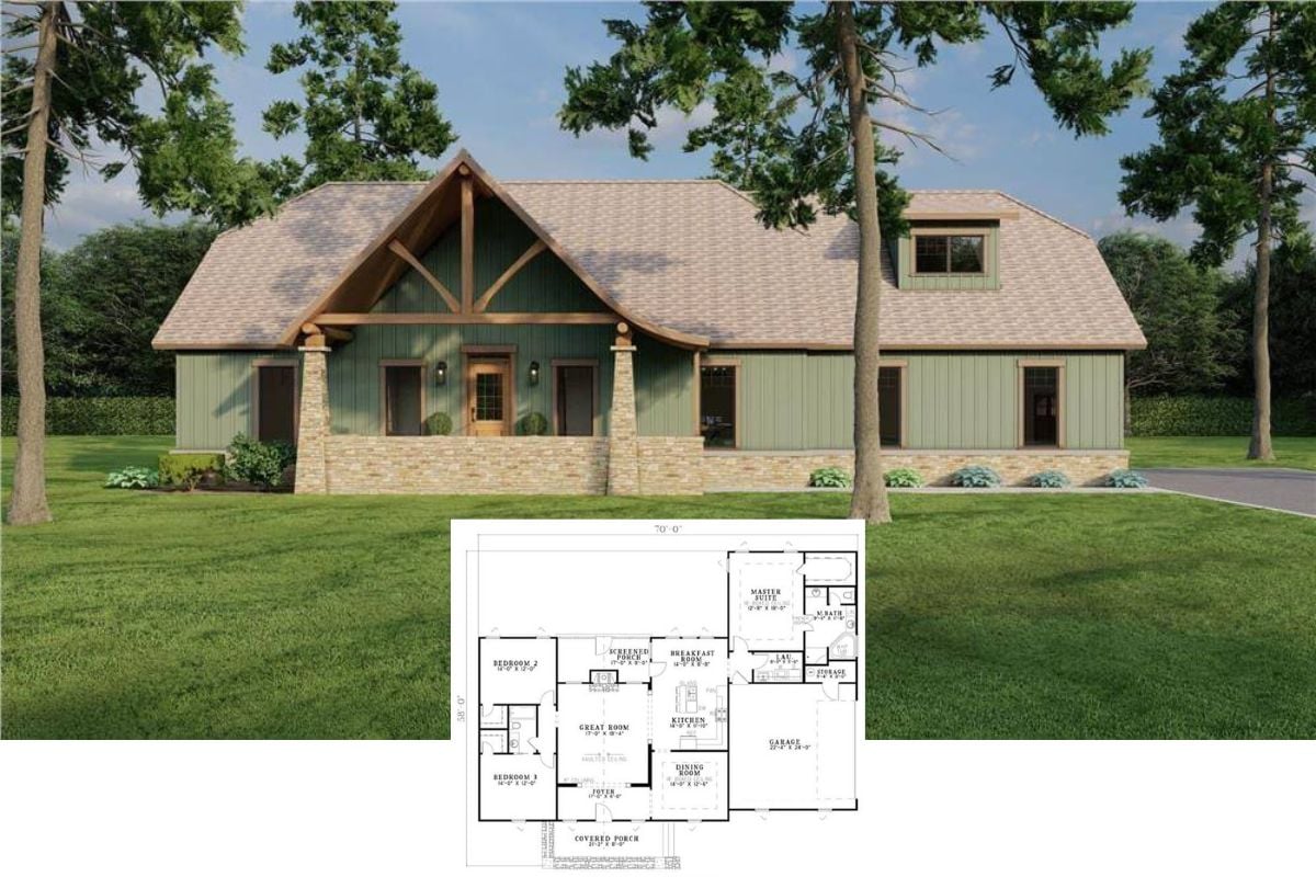 3-Bedroom Country Home with Covered Entry Porch and 2-Car Side-Loading Garage (Floor Plan)