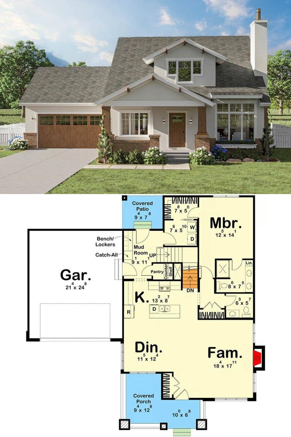 This 3-bedroom bungalow radiates a craftsman charm with a gabled roof, exposed rafters, and a combination of brick and wood accents. The welcoming front porch is framed by tapered columns, and the natural wood door adds warmth to the design. Large windows enhance the facade, allowing plenty of natural light into the home.