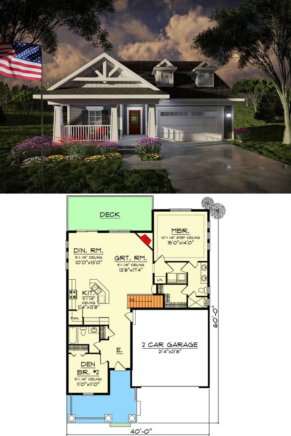This craftsman-style home features a welcoming front porch framed by tapered columns and decorative trusses. The design includes dormer windows that add character to the roofline, complementing the classic details of the façade. A two-car garage is integrated into the layout, providing functionality while maintaining the home's aesthetic charm.