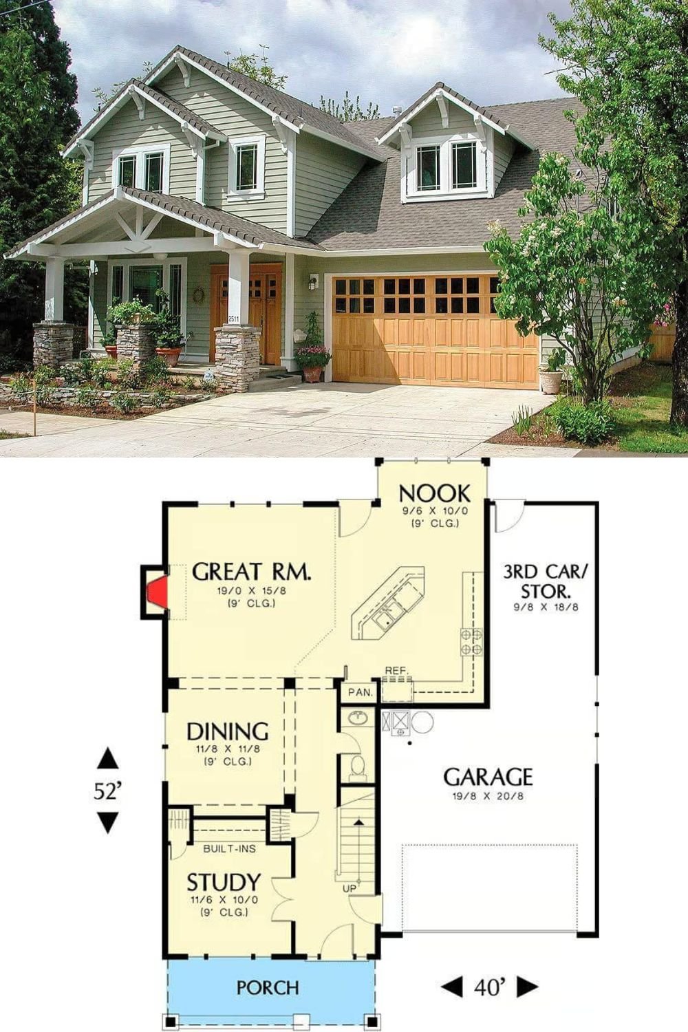 This craftsman-style home blends traditional and modern design elements, featuring a welcoming front porch with stone columns and decorative wood trusses. The exterior showcases soft-toned siding complemented by white trims and warm wood accents on the garage doors and entry. The gabled roofline, dormer windows, and exposed rafters enhance the architectural character, while large windows allow ample natural light.