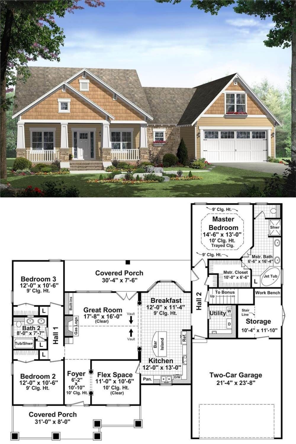 A welcoming blend of craftsman and cottage influences defines this home’s exterior. The façade displays a mix of horizontal lap siding, cedar shingle accents, and a stone skirt that grounds the design. A wide, covered front porch spans the width, supported by tapered columns set atop stone bases.