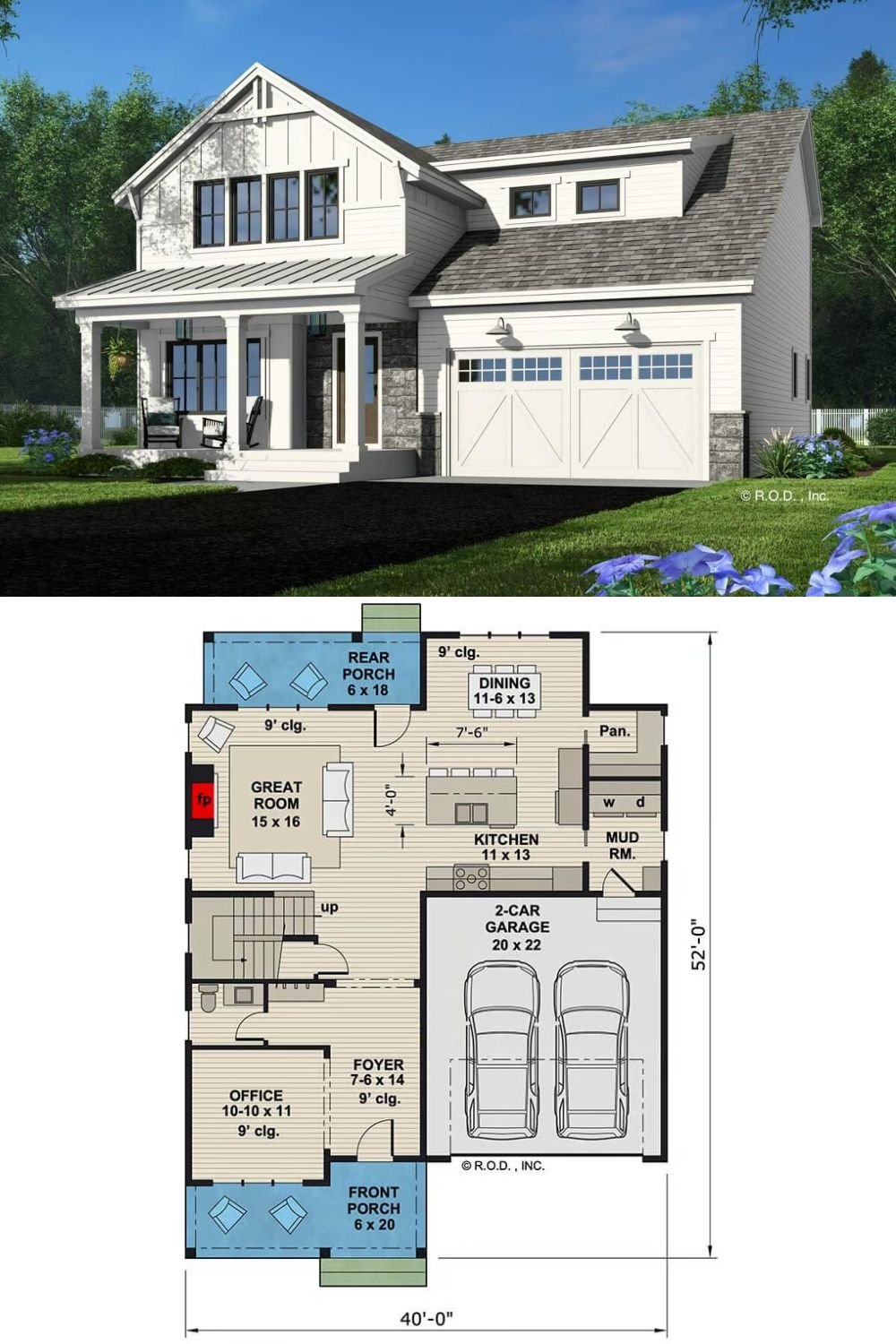 This 3-bedroom modern farmhouse combines classic aesthetics with contemporary features. Its white exterior, accented with stone elements and black-framed windows, creates a timeless yet modern look. The inviting front porch, supported by white columns, serves as a warm welcome and an ideal spot for relaxing outdoors.