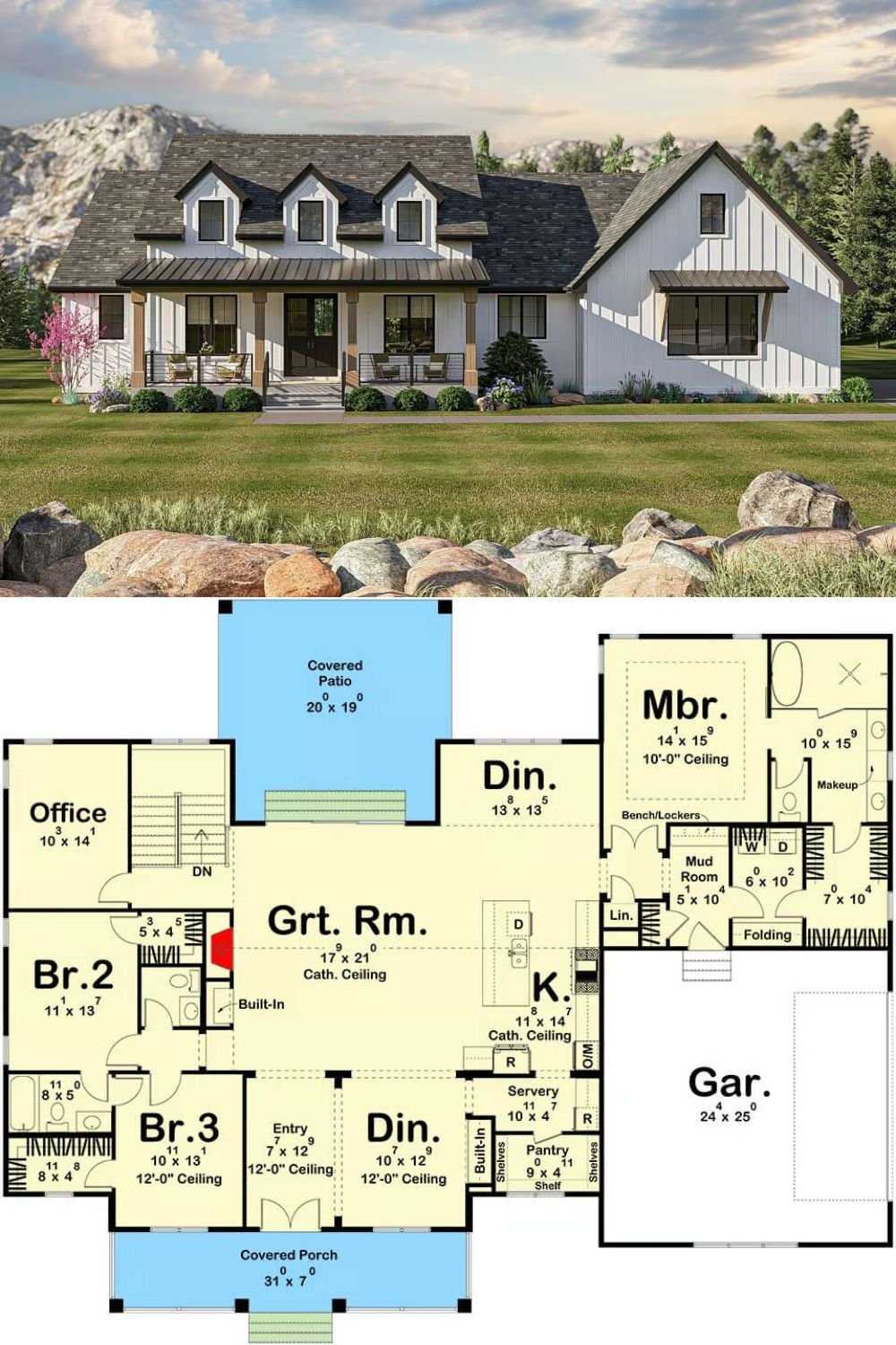 This modern farmhouse radiates a blend of classic and contemporary charm with board and batten siding, a dark gabled roof with three dormer windows, and metal accents on the porch and window awning. A spacious covered front porch with wooden columns offers a cozy spot for relaxing, while large windows bring in plenty of natural light.